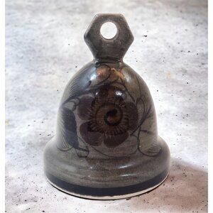 Handmade Tonala Floral Art Pottery Bell Vintage Mexico Signed Gray Ethnic